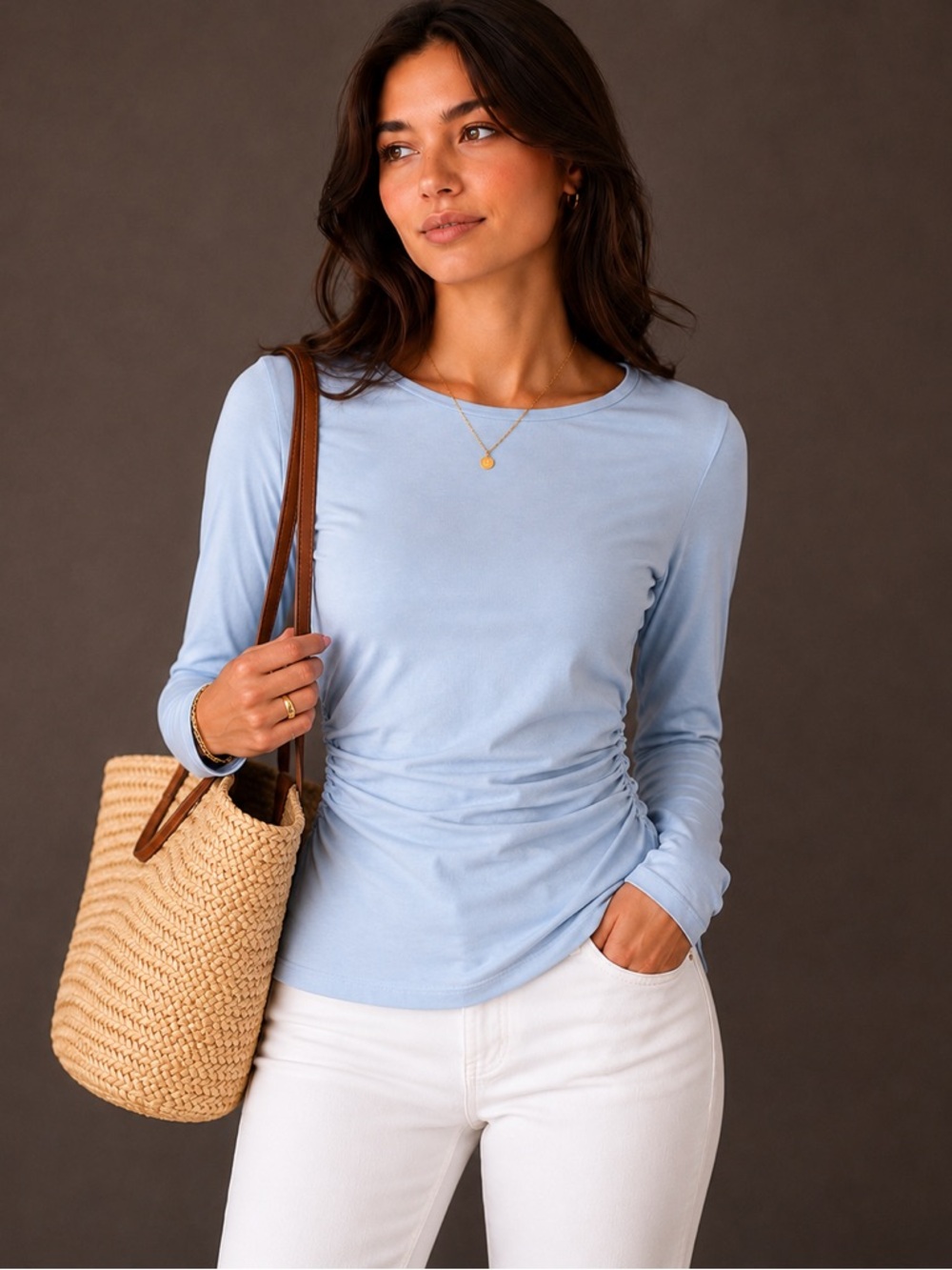 New! Madewell Ruched Crewneck Long-Sleeve Tee in Soft Slub